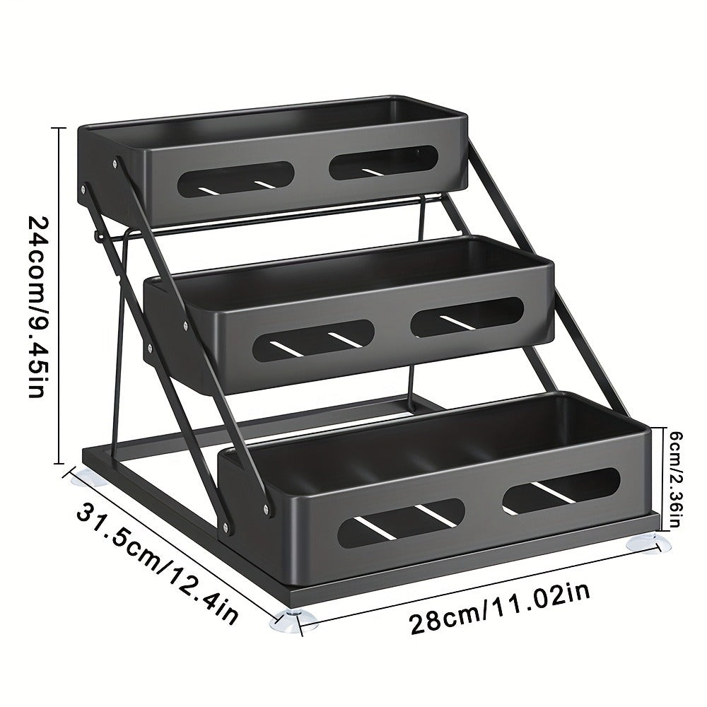 Three-Tier Foldable Spice Rack Organizer in Black or White with Front Rails and Side Supports