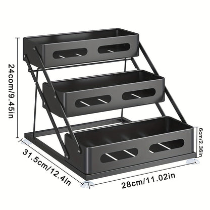 Three-Tier Foldable Spice Rack Organizer in Black or White with Front Rails and Side Supports