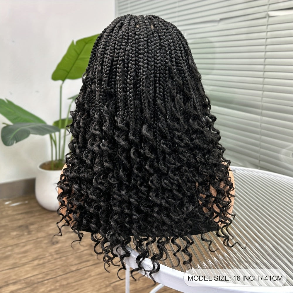 Goddess Braided Wig Knotless Bohemian Square Braid Full Lace Curly Wave 14-16 Inch Black Burgundy Brown Natural Hairline Protective Style Synthetic Wig for Women