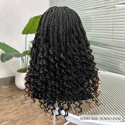 Goddess Braided Wig Knotless Bohemian Square Braid Full Lace Curly Wave 14-16 Inch Black Burgundy Brown Natural Hairline Protective Style Synthetic Wig for Women