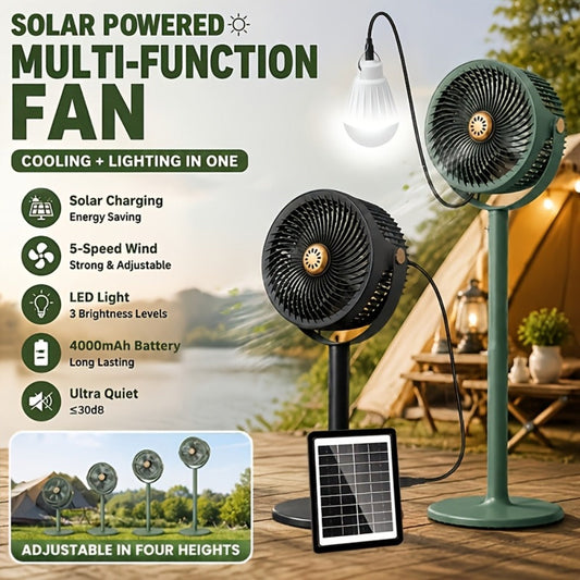 Solar Floor Fan 33-Inch Rechargeable 4000mAh USB Standing Fan Power Bank 2-in-1 360° Tilt 5-Speed 4-Height Adjustable for Indoor Outdoor Courtyard RV Camping