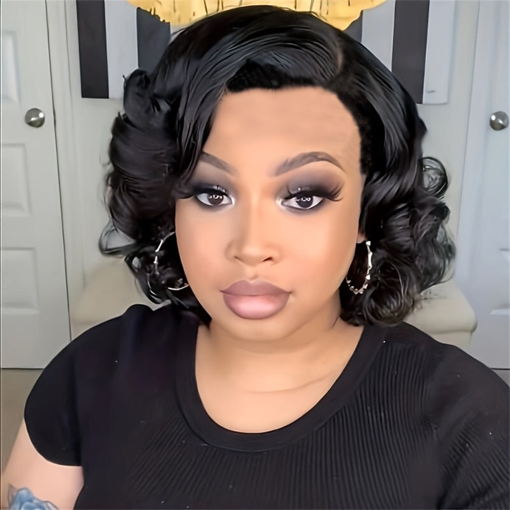 Short Pixie Cut Wig Synthetic Hair Dark Brown Curly Bob Body Wave 4 Inch Women Wig Halloween Cosplay Music Festival Daily Wear