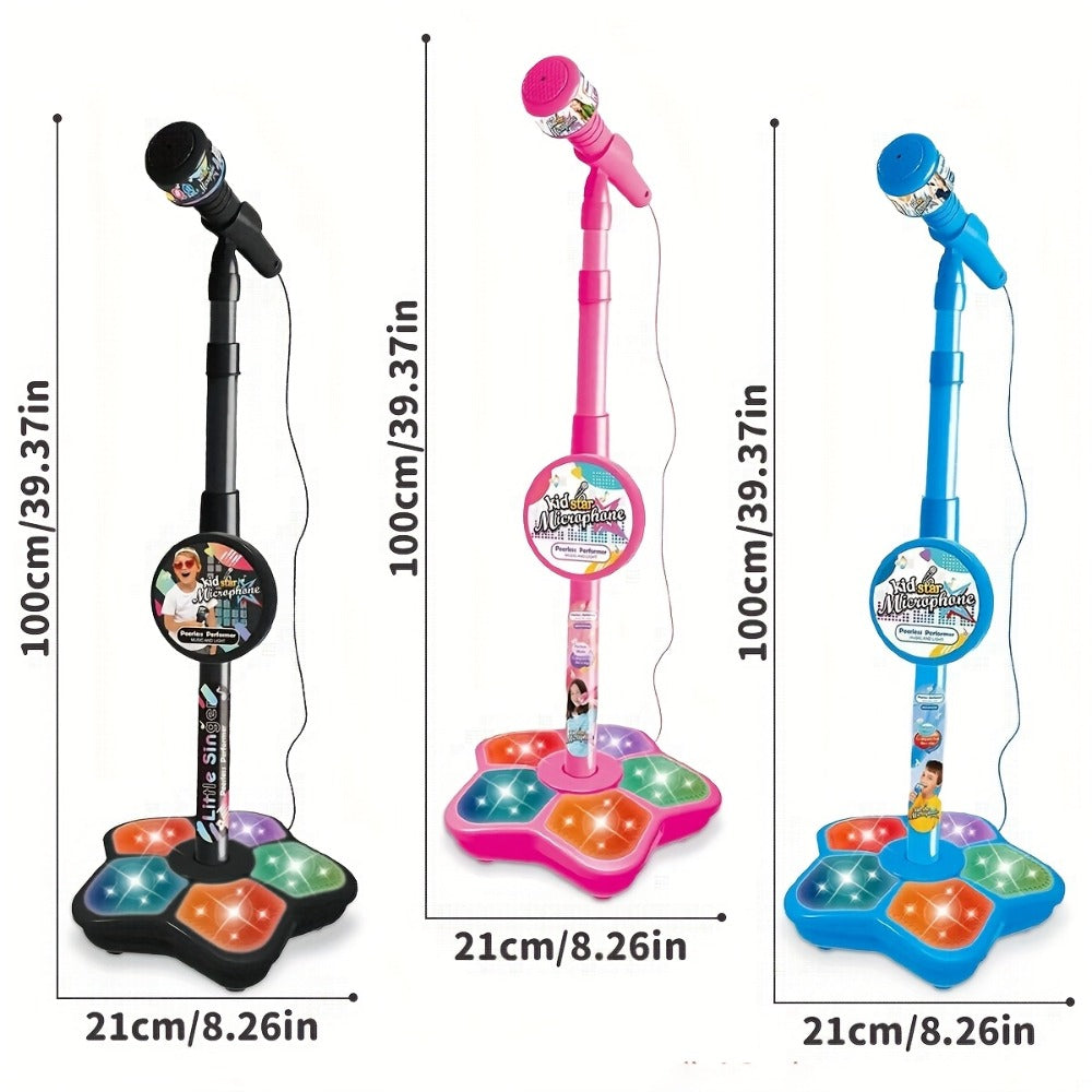 Kids Karaoke Microphone with Stand & Amplifier – Singing Toy for Girls Boys Age 3+, Random Print Design, Birthday Gift, Blue / Black / Pink