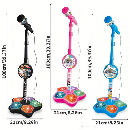 Kids Karaoke Microphone with Stand & Amplifier – Singing Toy for Girls Boys Age 3+, Random Print Design, Birthday Gift, Blue / Black / Pink