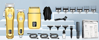 Hair Clippers & Trimmers Three-Piece Set with Full-Size Clipper, T-Blade Detailer, Foil Shaver and LCD Displays
