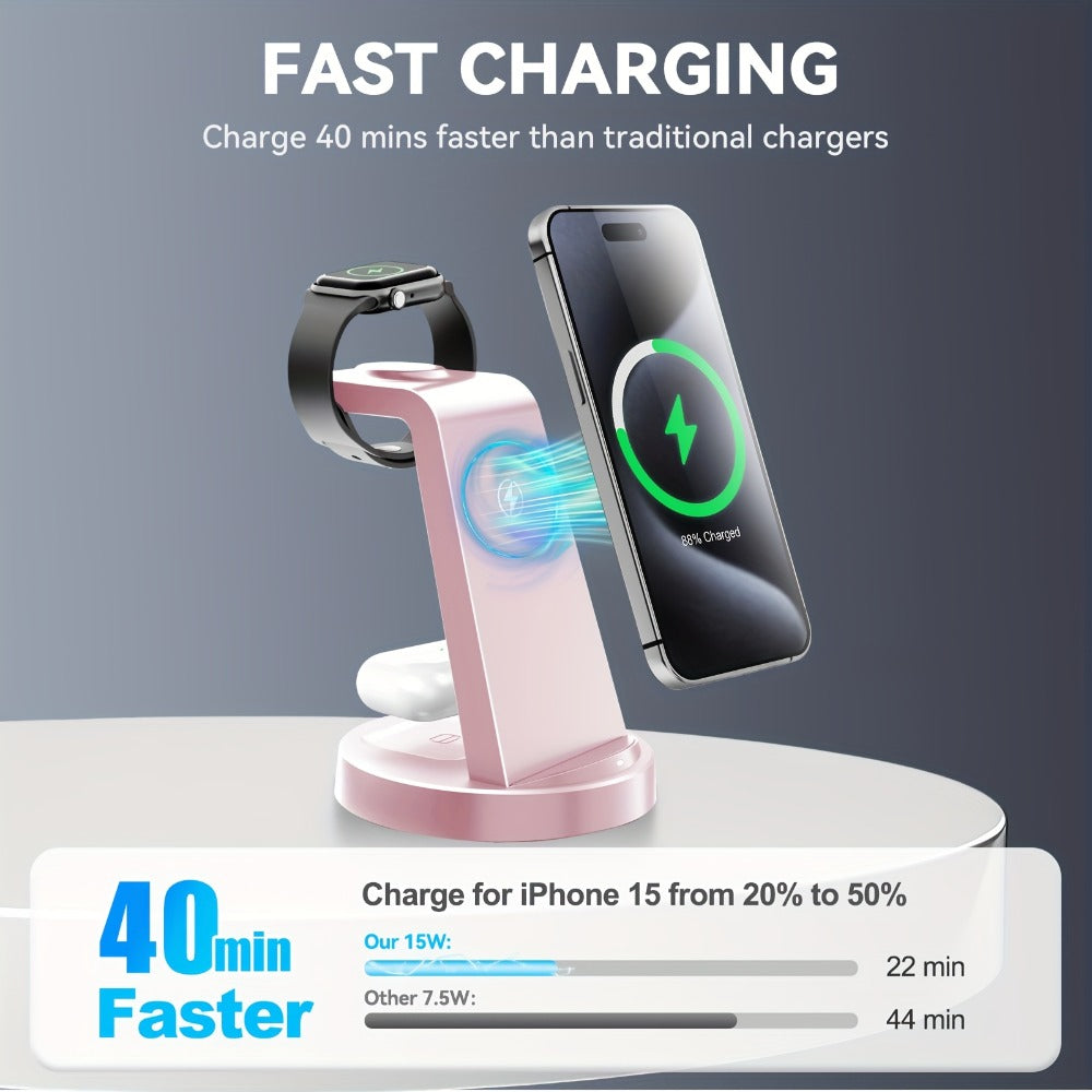 3-in-1 Wireless Charging Dock Multi-Color Fast Charge for iPhone 17 16 15 14 13 12 11 Pro Max, Apple Watch Ultra 2 Series 10 9 8 7 6 SE, AirPods 4 3 2 Pro & Samsung Galaxy – Black Blue Pink U1 U2