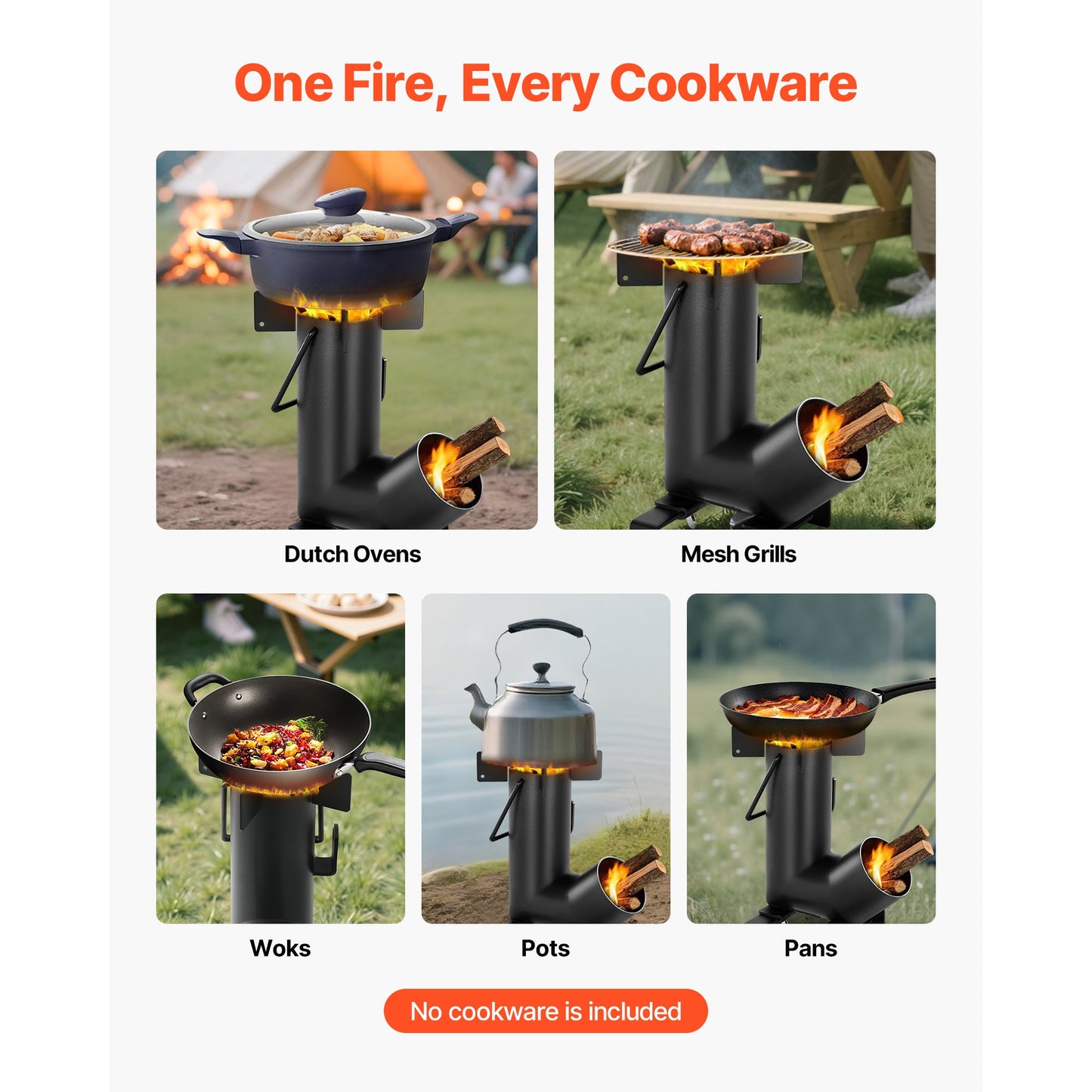 Black Wood-Burning Rocket Camping Stove with Cast-Iron Cooktop, Storage Bag and 12.96-Pound Weight
