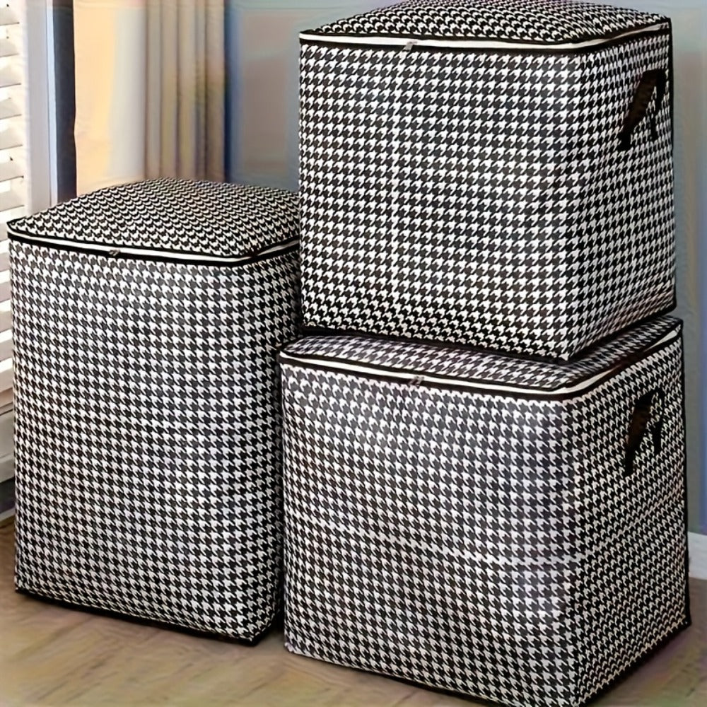 Large 160 L Houndstooth Fabric Storage Bag with Double Zippers, Carry Handles and Foldable Square Shape