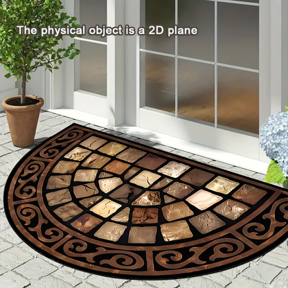 Doormat Non-Slip Stone Print Semi-Circular Welcome Mat Thick Soft Earth Tone Mosaic Design Machine Washable Outdoor Indoor Porch Rug for Home Decor