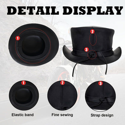 Genuine Leather Top Hat Steampunk Gentleman Shapeable Brim – Real Cowhide Low Crown Topper for Men & Women S-3XL, Halloween Costume Cosplay Motorcycle Riding Fashionable Dress Up Hat