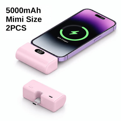Mini Power Bank 5000mAh USB-C Foldable Plug Built-in Cable 10W Fast Charge LED Display Compact Portable Charger for iPhone 15 16 17 Samsung Android – Black White Pink Purple Green (1pc/2pcs)