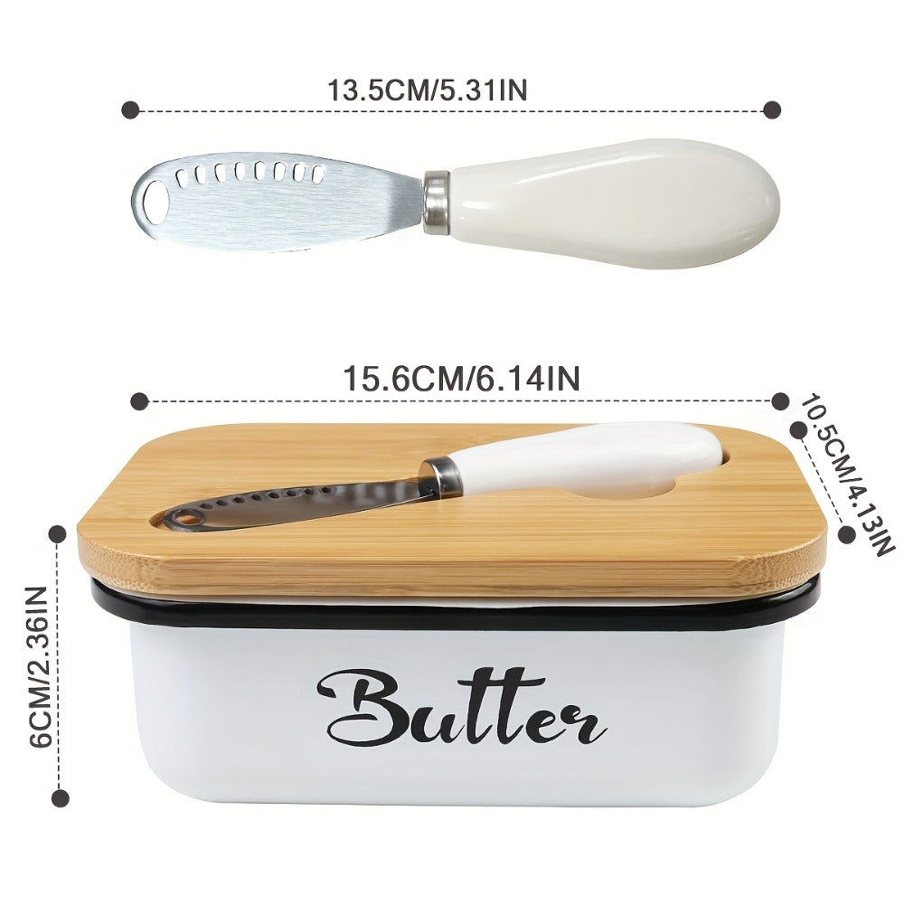 Black, Grey or Green Metal Butter Dish with Bamboo Lid, White-Handle Knife and 15.6 x 10.9 x 6 cm Size