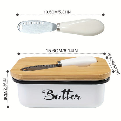 Black, Grey or Green Metal Butter Dish with Bamboo Lid, White-Handle Knife and 15.6 x 10.9 x 6 cm Size