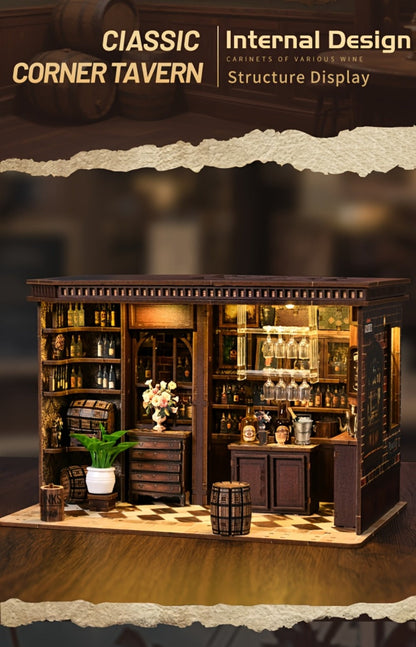 Corner Lounge Book Nook Kit with 327-Piece Tavern Storefront Scene, Illuminated Interior and Touch Switch