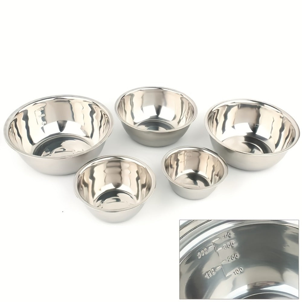 Stainless Steel Mixing Bowl Set 5-Pack with Measurement Markings for Kitchen Cooking Baking Salad Vegetable Washing Fruit Serving & Meal Prep – Stackable Nesting Bowls