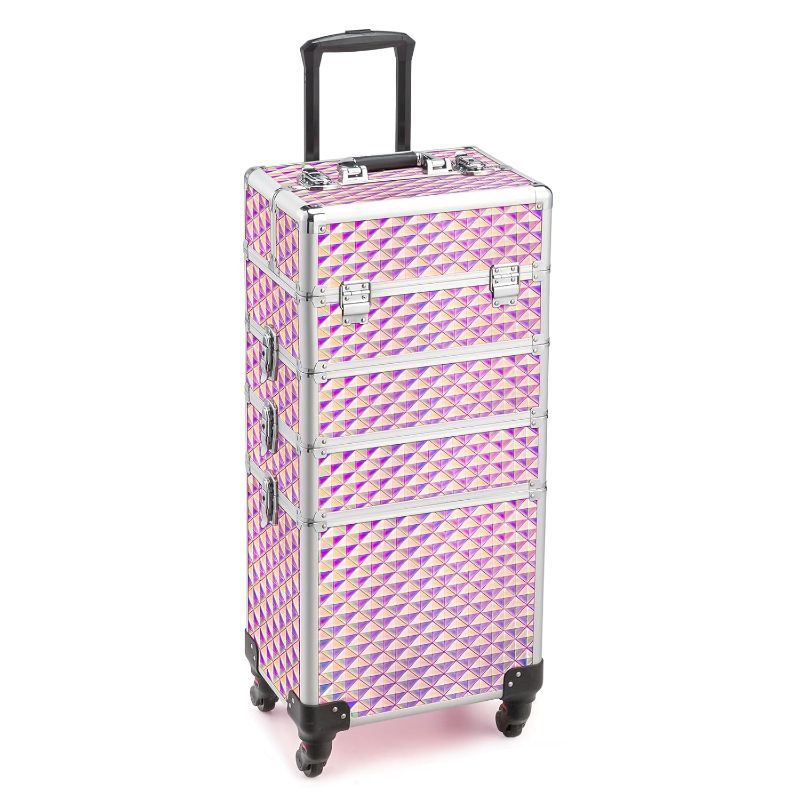 Four-Section Rolling Makeup Train Case with Removable Stack, Telescoping Handle and Four Color Finishes