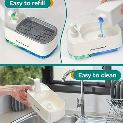 Soap Dispenser with Sponge Holder 2-in-1 - Countertop Dish Soap Pump Dispenser and Sponge Caddy for Kitchen Sink, Multi-Functional Detergent Dispenser with Built-In Sponge Holder, Available in White and Black Upgraded Version