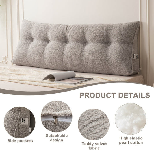 Bed Wedge Pillow Headboard Pillow with Side Pockets Removable Washable Cover Teddy Velvet Reading Pillow Twin Queen King