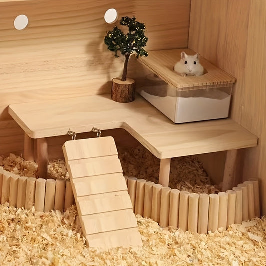 Hamster Climbing Toy – Two-Tier Wooden Platform with Stairs & Hiding Spot, Small Animal Cage Accessory for Golden Hamster, Gerbil, Mouse, Dwarf Hamster