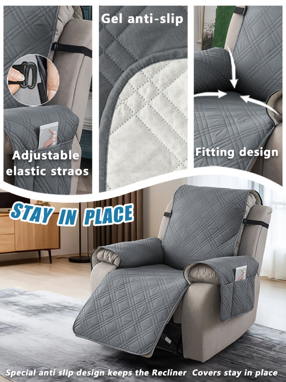 Chair Cover Quilted Recliner Throw with Side Pocket, Elastic Straps and Buckle in Ten Colors