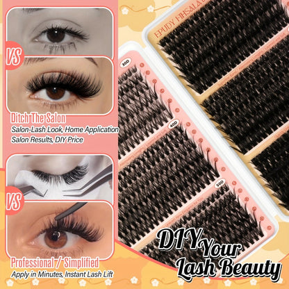 Lash Extension Kit with 708 Clusters in 8-16mm Mixed Lengths and 30D-100D Densities, Glue, Tweezers and Brush