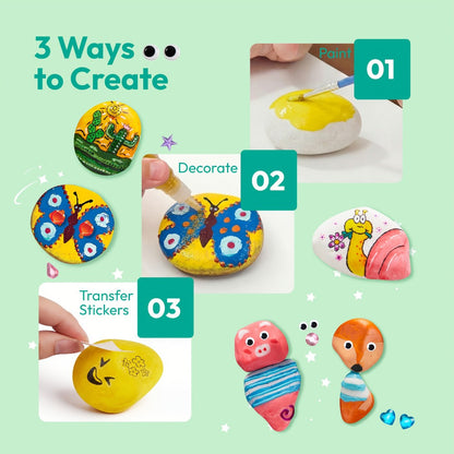 Rock Painting Craft Kit with 10 Stones, 16 Paint Colors, Brushes, Gems, Glitter and Stickers