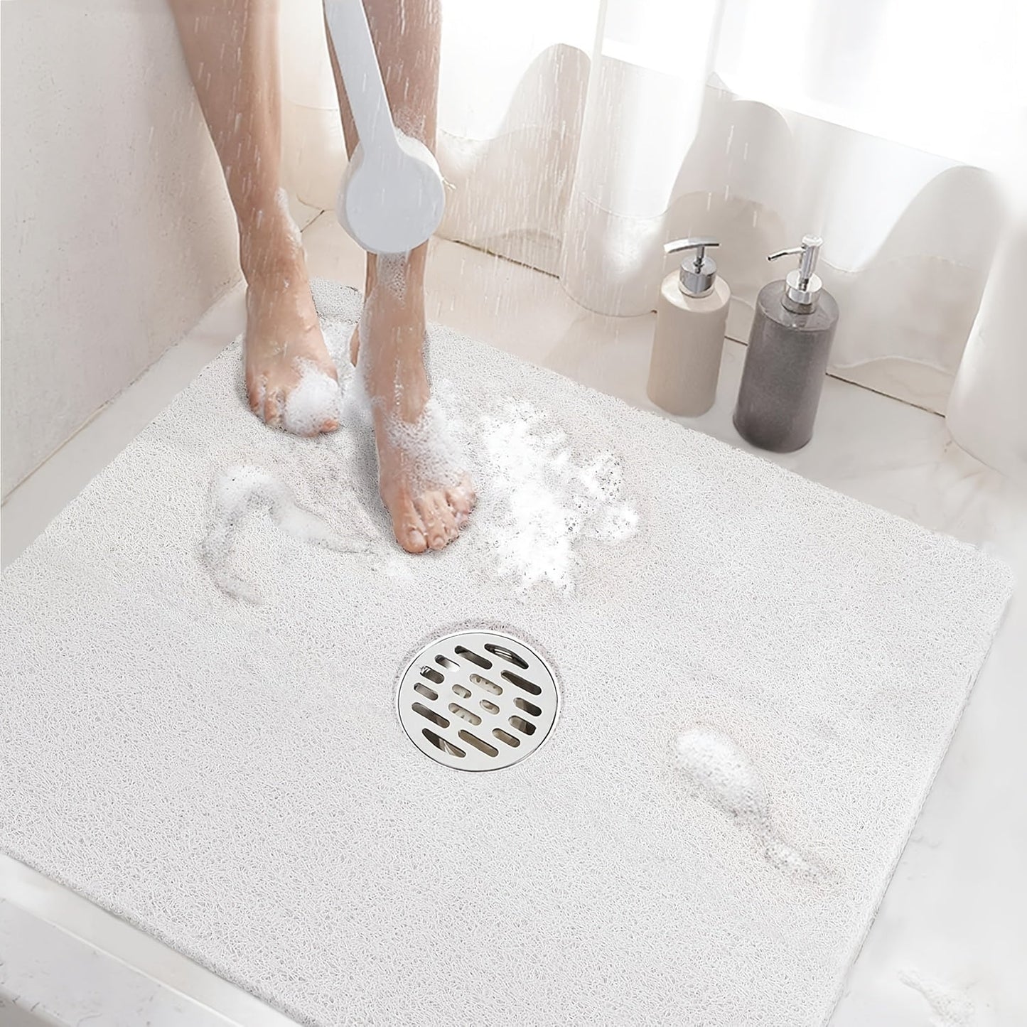 24-Inch Square PVC Loofah Shower Bath Mat with Drain Holes in Grey, White or Beige Color Options
