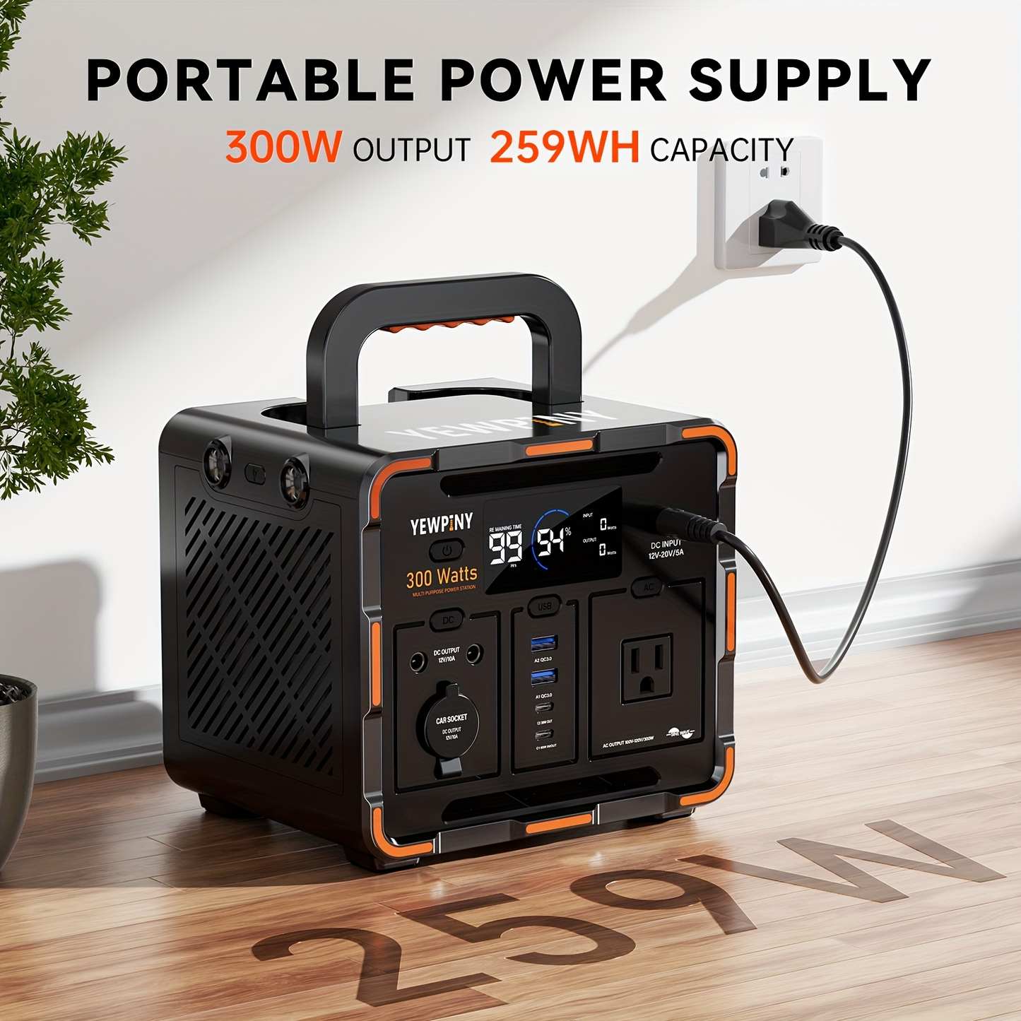 Portable Power Station 259Wh 300W or 599Wh 600W with AC, DC, USB, LiFePO4 Cell Pack and LED Light