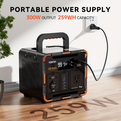Portable Power Station 259Wh 300W or 599Wh 600W with AC, DC, USB, LiFePO4 Cell Pack and LED Light