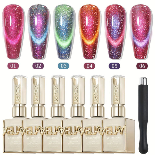 Cat Eye Gel Polish Set 6 Colors Holographic Magnetic — Dynamic Elf Reflective Soak Off UV LED Nail Gel 0.51oz Each | Multidimensional Light-Shifting Sparkle for Salon & Home Nail Art | Long-Lasting Chip-Resistant