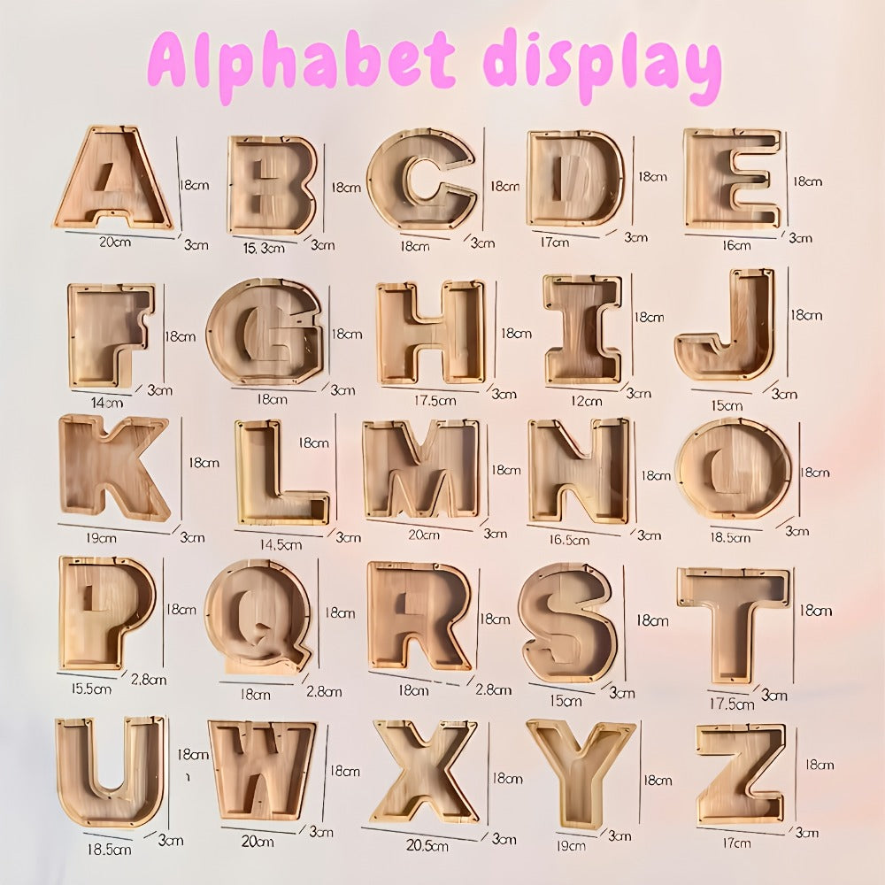 Wooden Alphabet Letter Coin Bank with Clear Front Panel, Top Slot and Eight Initial Options for Home Decor