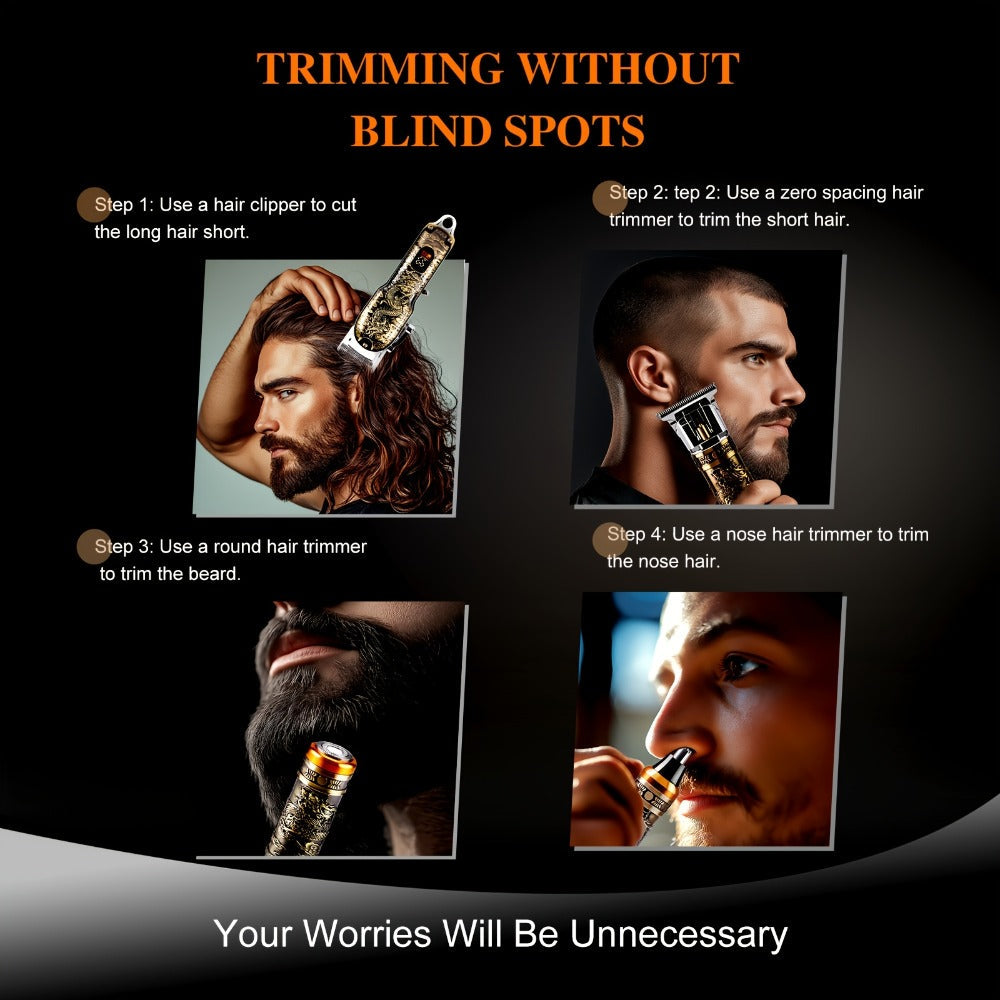 Dragon-Engraved Four-Tool Grooming Kit with Hair Clipper, Detail Trimmer, Nose Trimmer and Rotary Shaver