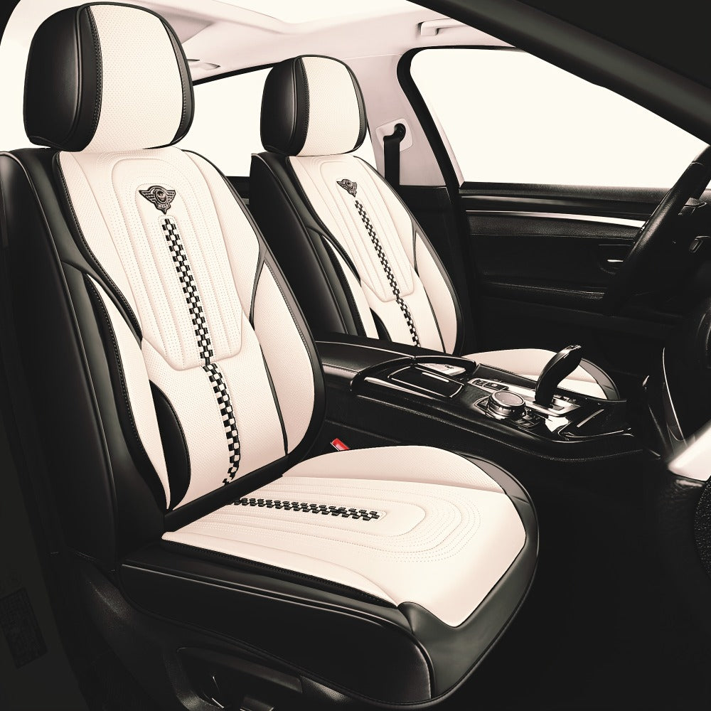 PU Leather Car Seat Cover Full Enclosure with Lumbar Support & Sponge Cushion – Two-Tone Sporty Design Universal Fit for Car Sedan Truck SUV (White-Black / Gray / Red-Black / Orange-Black)
