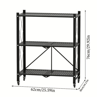Three-to-Five-Tier Folding Storage Rack with Metal Shelves, Caster Wheels and Black or White Finish