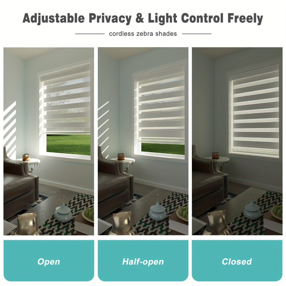 Cordless Zebra Roller Shade with Valance – Day Night Window Blind, Light Filtering Dual Layer Window Treatment Mesh Opaque Fabric