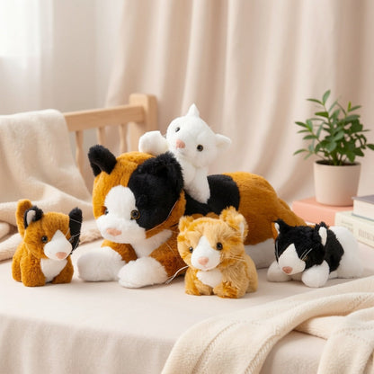 Stuffed Animal Mommy Cat Set with Four Baby Kittens, Five-Piece Family Design and Soft Fabric