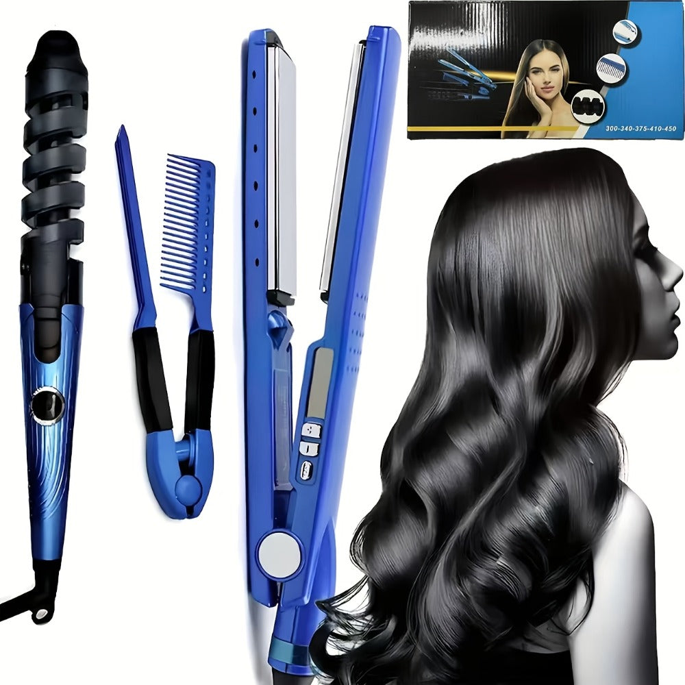Flat Iron, Curling Iron and Comb Hair Styling Tool Set with Three Pieces in Blue for Home Styling