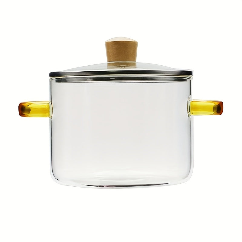 Glass Cooking Pot 54oz 1600ml Borosilicate Heat-Resistant with Lid – Transparent Dumpling & Ramen Pot for Stove & Oven | Odorless Easy-Clean Soup Milk Pot with Green or Yellow Stainless Steel Handle