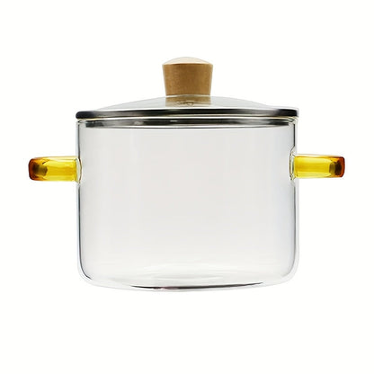 Glass Cooking Pot 54oz 1600ml Borosilicate Heat-Resistant with Lid – Transparent Dumpling & Ramen Pot for Stove & Oven | Odorless Easy-Clean Soup Milk Pot with Green or Yellow Stainless Steel Handle
