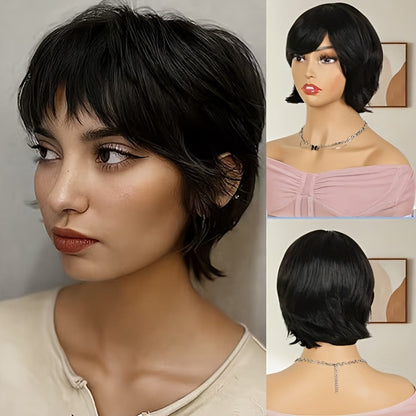 Wig Short Curly Wavy Pixie Bob in Natural Black, 6-Inch Human Hair with Bangs and Rose Net Cap