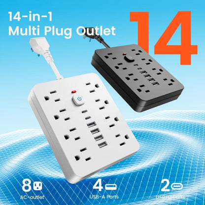 Power Strip 14-in-1 Flat-Plug Surge Protector with 8 AC Outlets, 4 USB-A, 2 USB-C and Black or White Finish