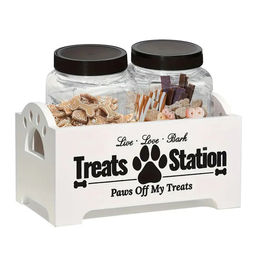 Dog Treat Storage Container Set – Rustic Wooden Organizer with 2 Plastic Treat Bins, Airtight Pet Food Storage for Kitchen Counter, Black & White
