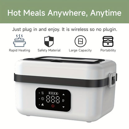Wireless Heated Lunch Box 8000mAh Battery Powered - 60W Electric Food Warmer 1L Stainless Steel with Smart Timer 8 Settings and Power Bank Function, Portable Lunch Heater for Office Car Truck and Travel, BPA-Free with Fork Spoon and Insulated Bag