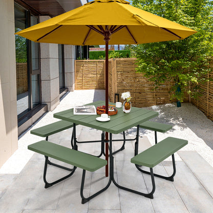 Outdoor Picnic Table 8-Person, Square HDPE Table with 4 Built-in Benches, Umbrella Hole, Metal Frame