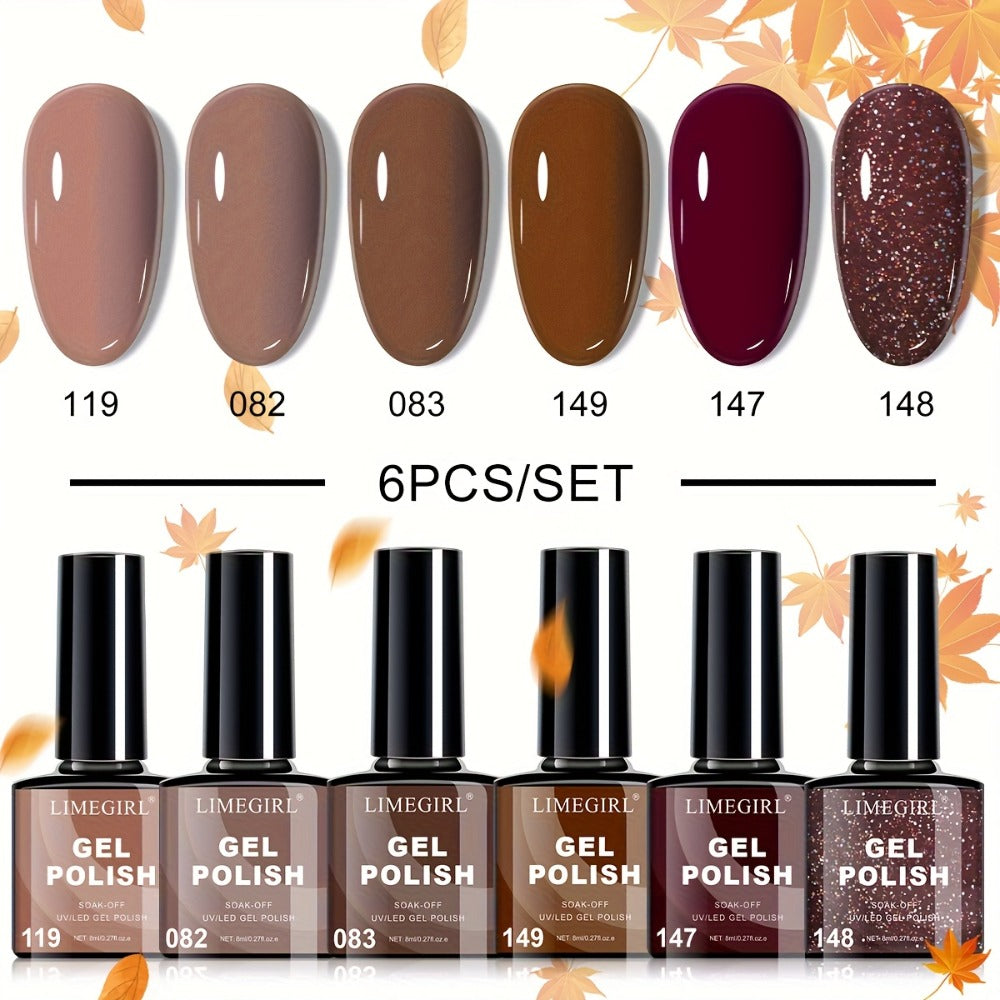 Gel Nail Polish Set with LIMEGIRL Label, 6 Fall Winter Glitter and Solid Colors, Two Palettes