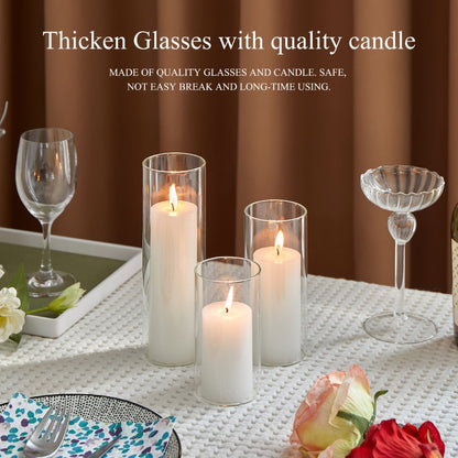Pillar Candles with Clear Glass Hurricane Holders – Unscented White Cylinder Candles & Vases for Wedding Centerpieces, Party Tables, Home & Office Decor, Bulk Set 24 or 48 Pieces