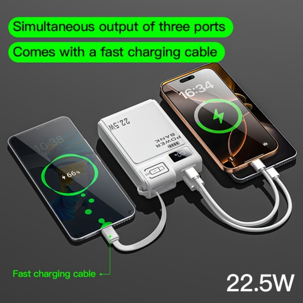 Power Bank 10000mAh 22.5W Fast Charging with Built-in USB-A USB-C Cables – 3 Ports LED Digital Display Portable Charger for iPhone Android Samsung iPad | White Black Green