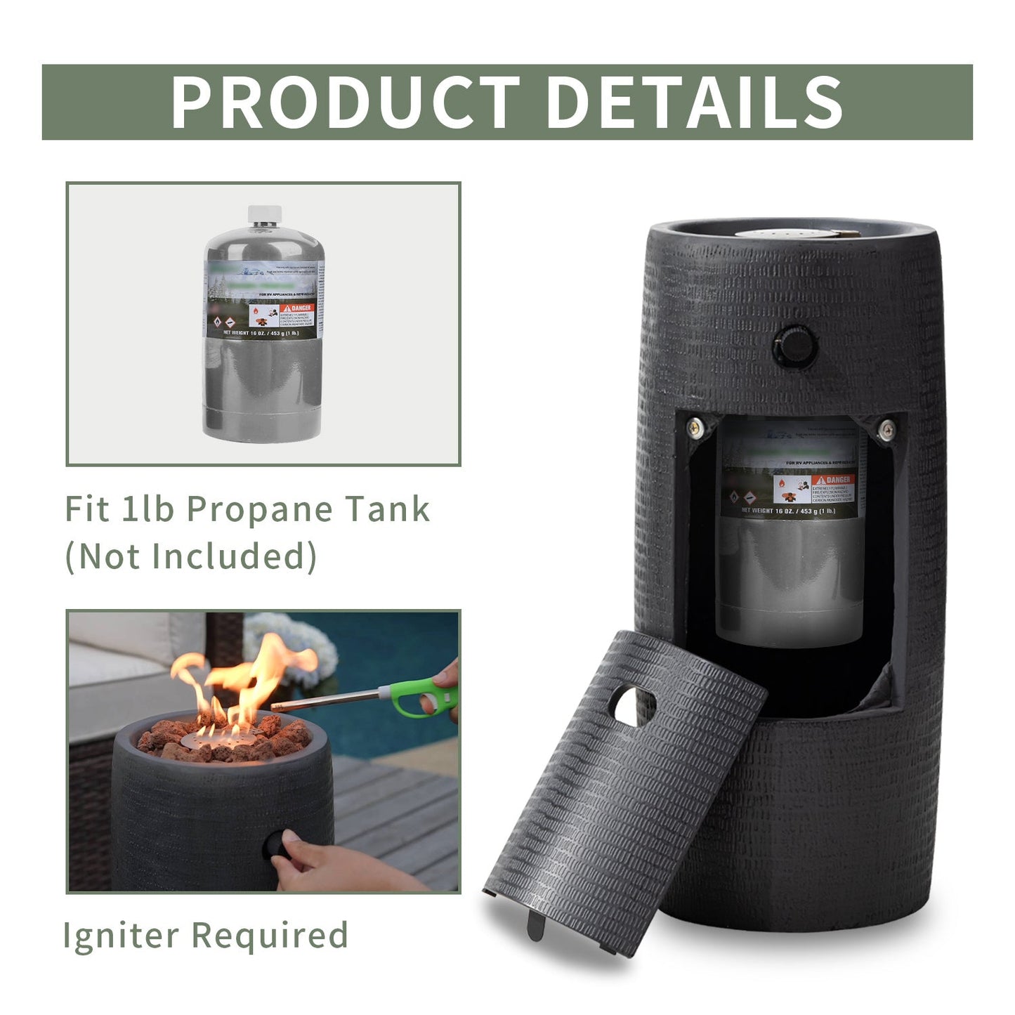 Propane Fire Pit Portable 11 Inch Outdoor 15000 BTU Self-Lighting Heavy Duty Metal Concrete All-Weather Round Patio Heater with Rain Cover for Backyard Camping Pool Party