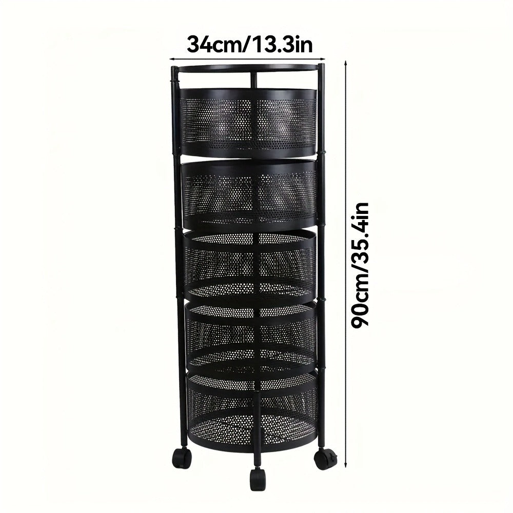 Round-Basket Rolling Storage Rack with Four or Five Mesh Levels, Caster Base and Black or White Finish