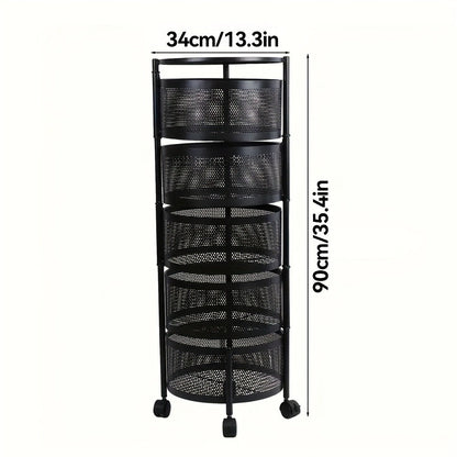 Round-Basket Rolling Storage Rack with Four or Five Mesh Levels, Caster Base and Black or White Finish
